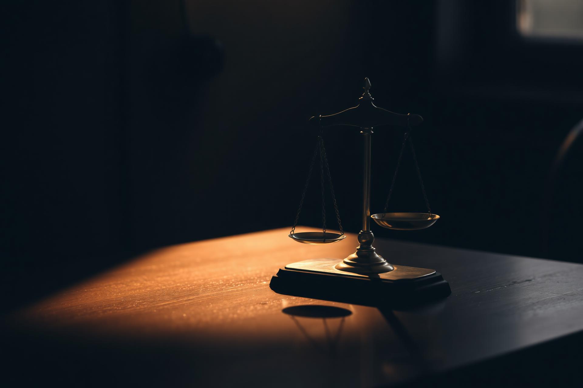 Antieke weegschaal van justitie op een donker bureau